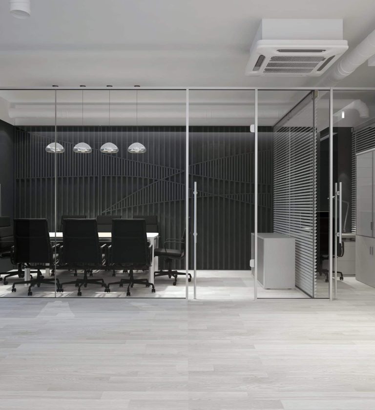 Modern office interior. Meeting room with wood panel. 3D rendering.